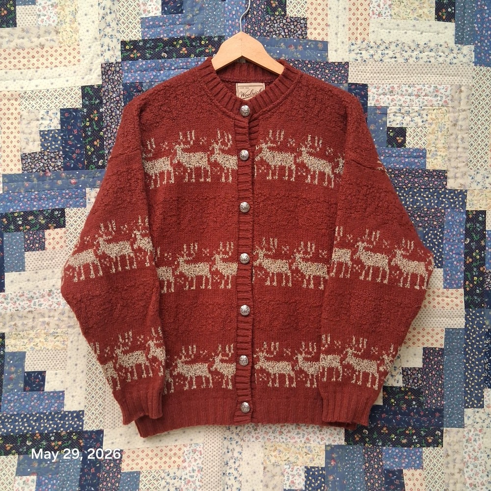 Woolrich Reindeer Cardigan Sweater Womens Medium Red Wool Blend Made in USA